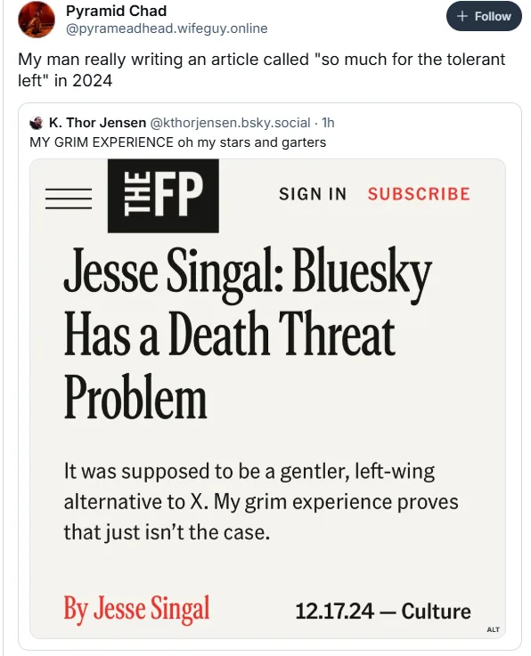 A screenshot of a tweet by K. Thor Jensen replying to a post by 'Pyramid Chad' about an article titled 'Jesse Singal…