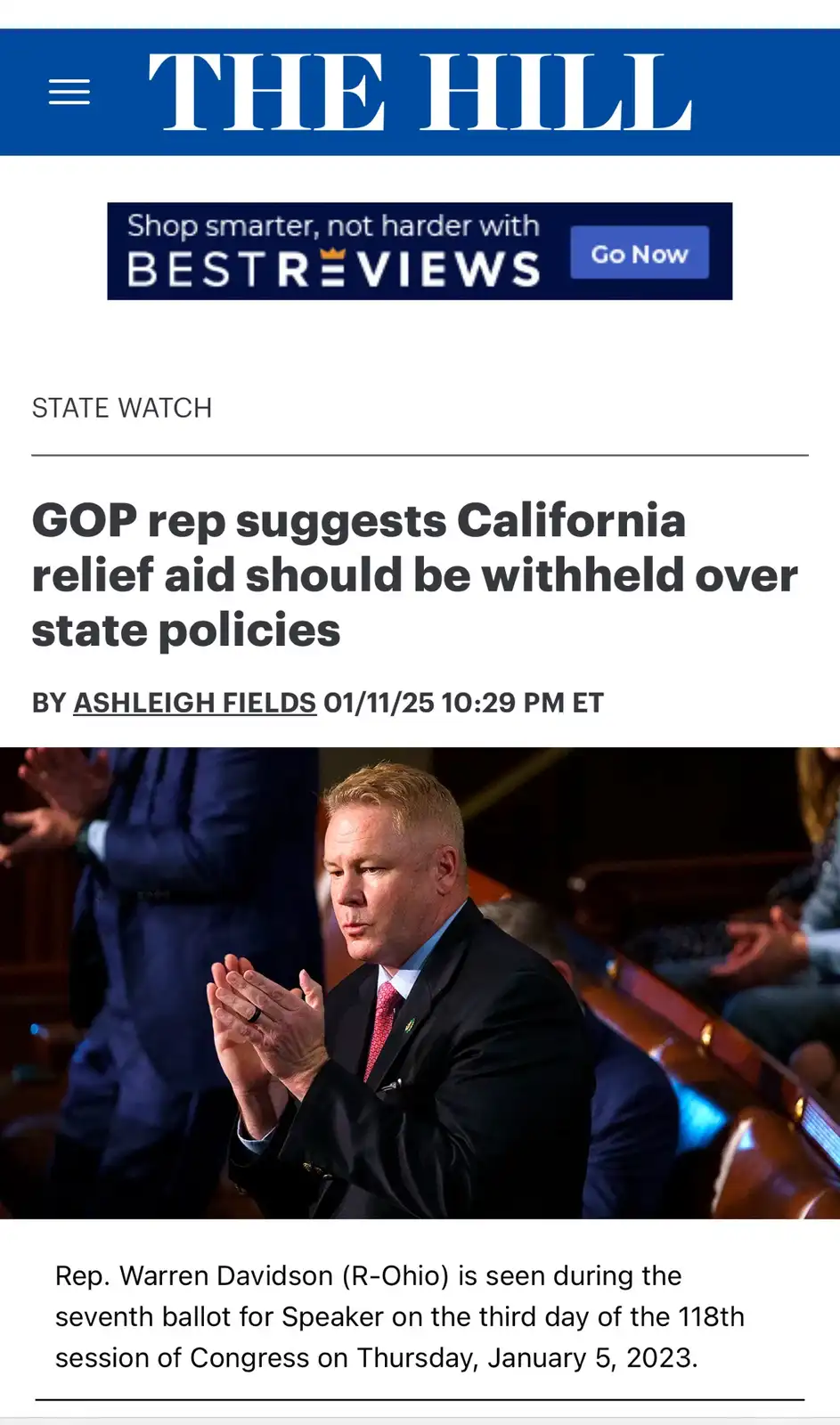 A screenshot of a The Hill news article shows Rep. Warren Davidson (R-Ohio) clapping in a congressional chamber. The…