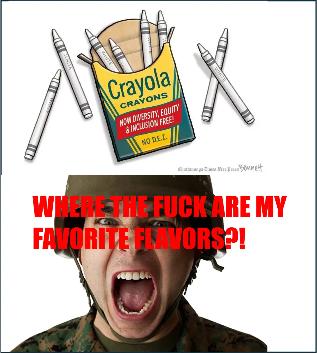The image shows a Crayola crayon box with white crayons, labeled 'NOW DIVERSITY, EQUITY & INCLUSION FREE! NO D.E.I.'…