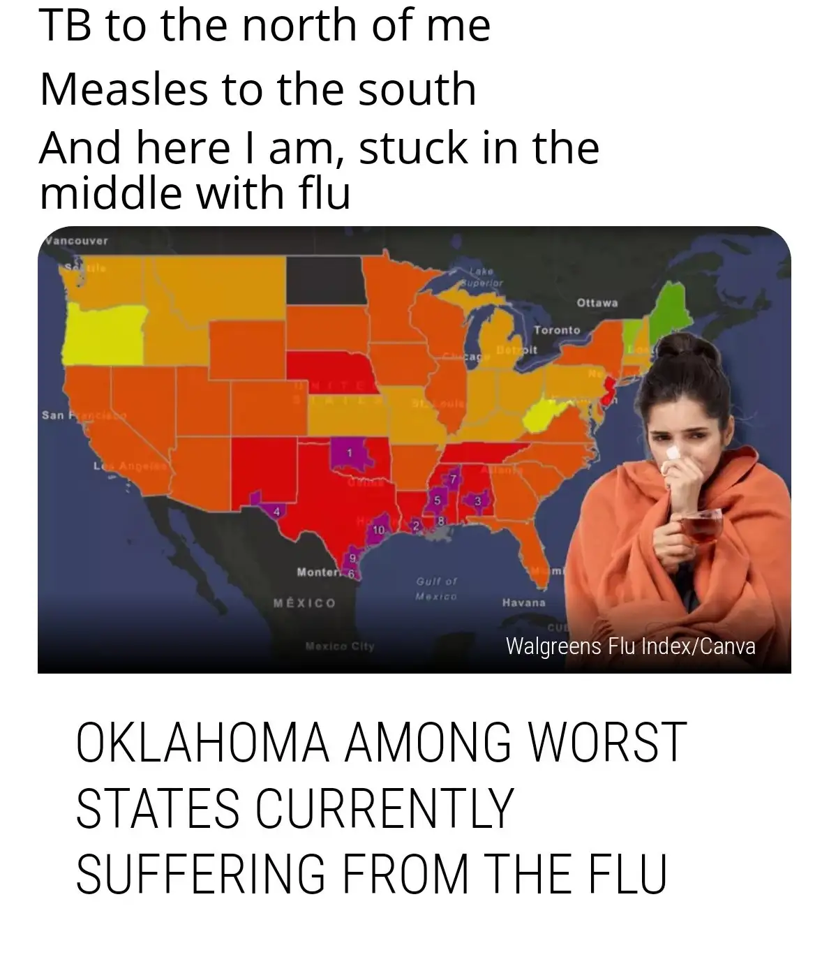 A map of the United States colored by flu activity, with Oklahoma highlighted in red as one of the worst states. A woman…