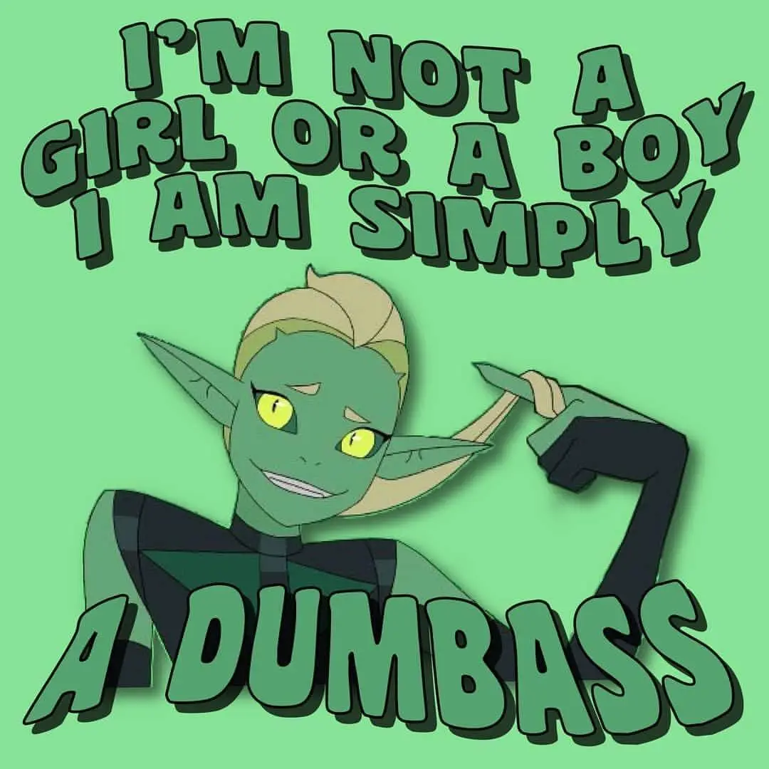 A green-skinned, pointed-eared animated character with blonde hair and yellow eyes flexes their bicep while wearing a dark…