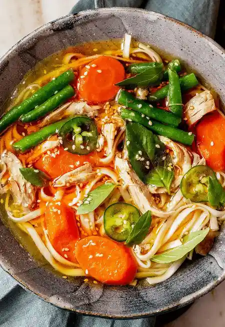 a top-down photo of a steaming bowl of noodle soup with shredded chicken, sliced carrots, green beans, jalapeño slices…