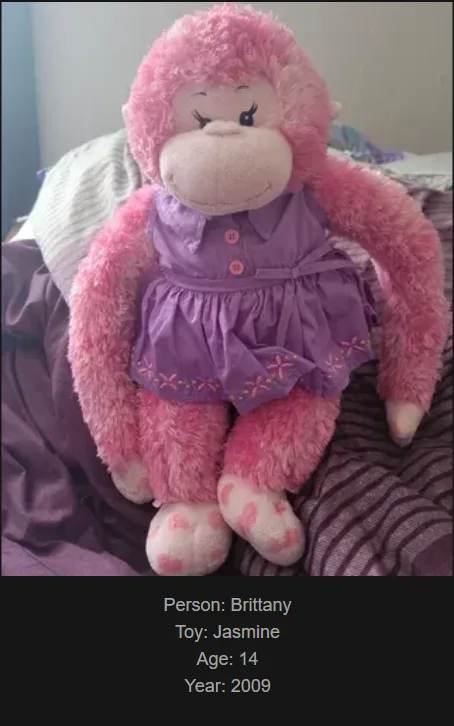 A pink, fluffy stuffed monkey wearing a purple dress with floral trim sits on a bed. Text overlaid at the bottom identifies…