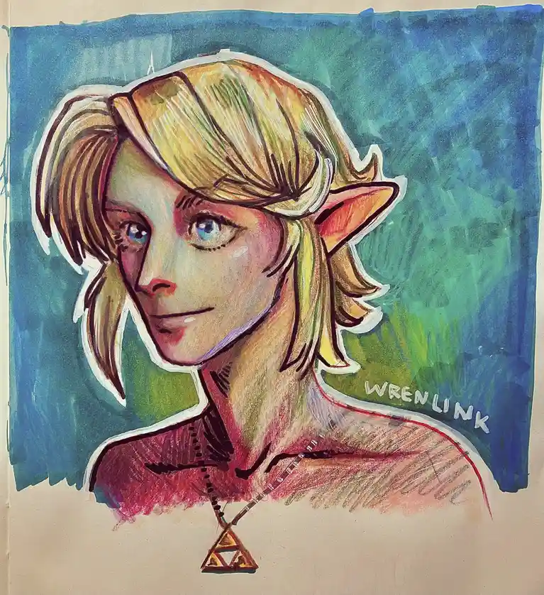 A watercolor-style drawing of a person with blonde hair, pointed elf ears, and blue eyes, wearing a red top and a golden…