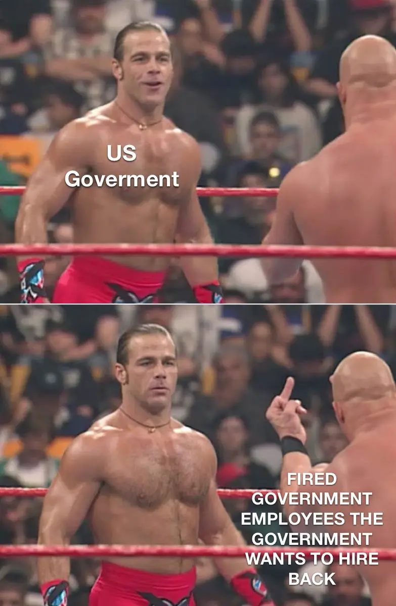 Two-panel wrestling meme featuring wrestler Chris Jericho labeled 'US Goverment' in the top panel, looking smugly at a bald…