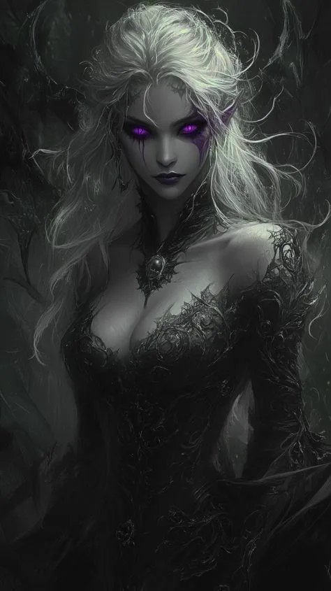 A dark fantasy illustration of a woman with long white hair, purple glowing eyes, and pointed ears, wearing an ornate black…
