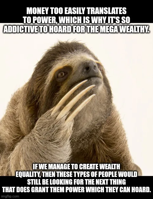 A close-up image of a sloth looking upward with its claws visible, overlaid with two blocks of white text on black…