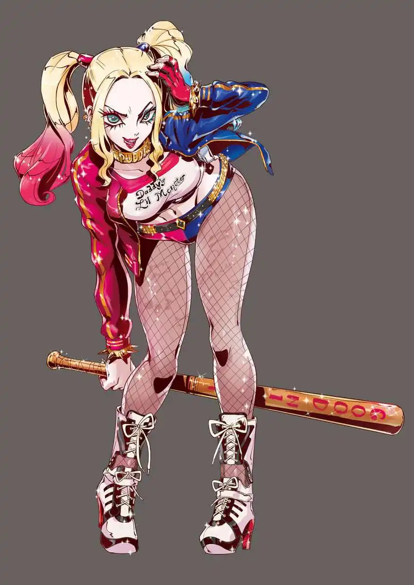 An anime-style illustration of Harley Quinn posing with a baseball bat, wearing her signature pink and blue outfit, fishnet…