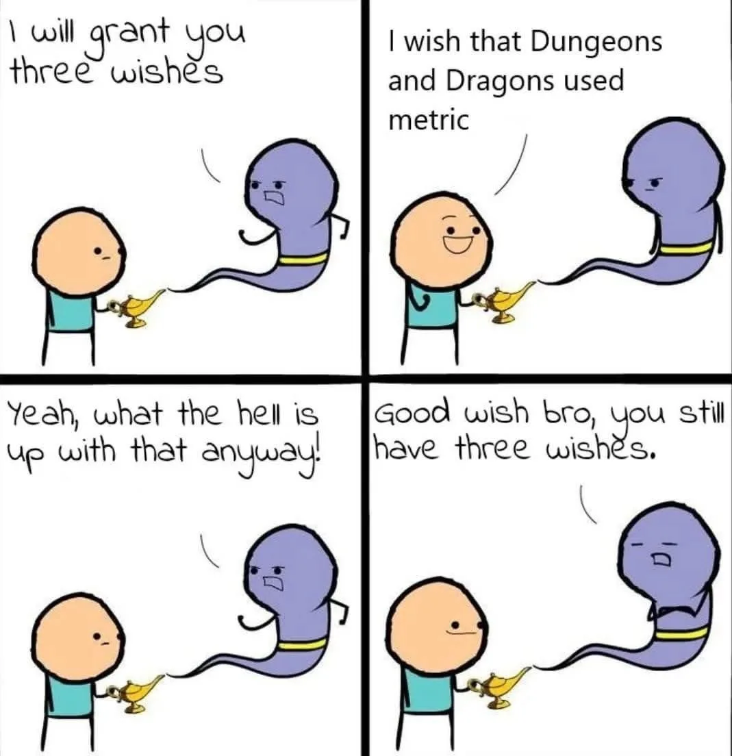 A four-panel comic shows a man holding a genie lamp and a purple genie. The genie says 'I will grant you three wishes,' then…