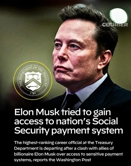 A photo of Elon Musk with a serious expression, overlaid with a circular seal of 'THE DEPARTMENT OF THE TREASURY' and bold…