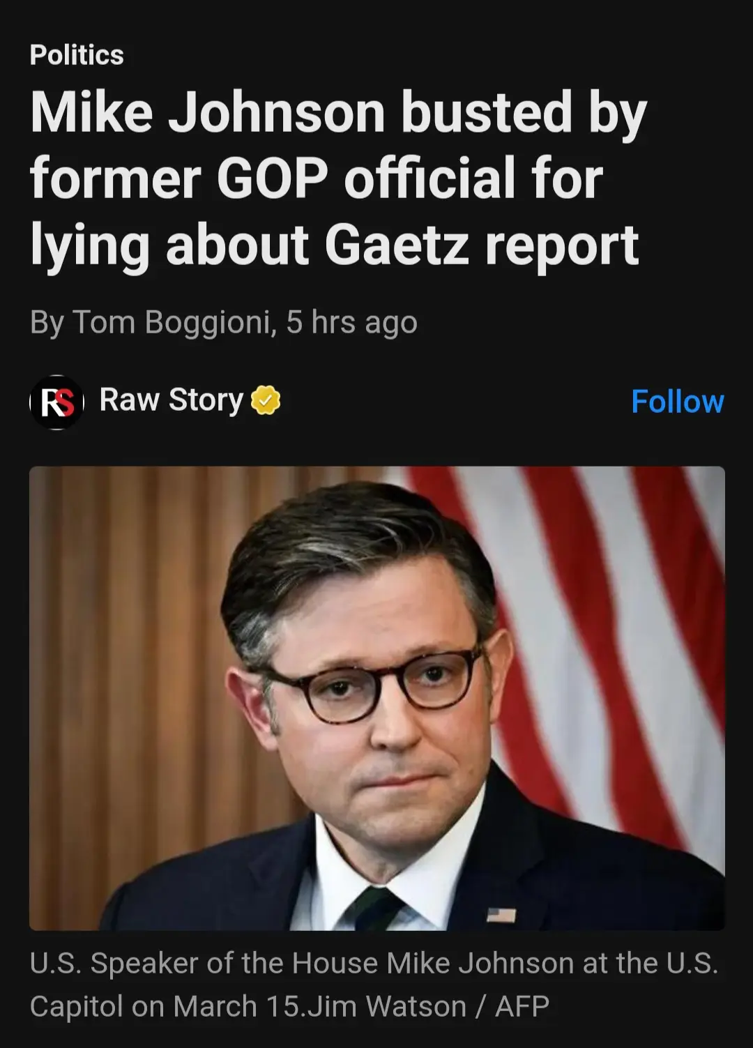 A screenshot of a Raw Story news article headline about U.S. Speaker of the House Mike Johnson being exposed for lying about…