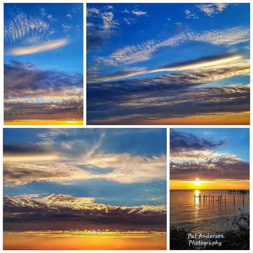 A four-panel collage of four stunning sunset or sunrise sky photographs, each showing vibrant blue skies with dramatic…