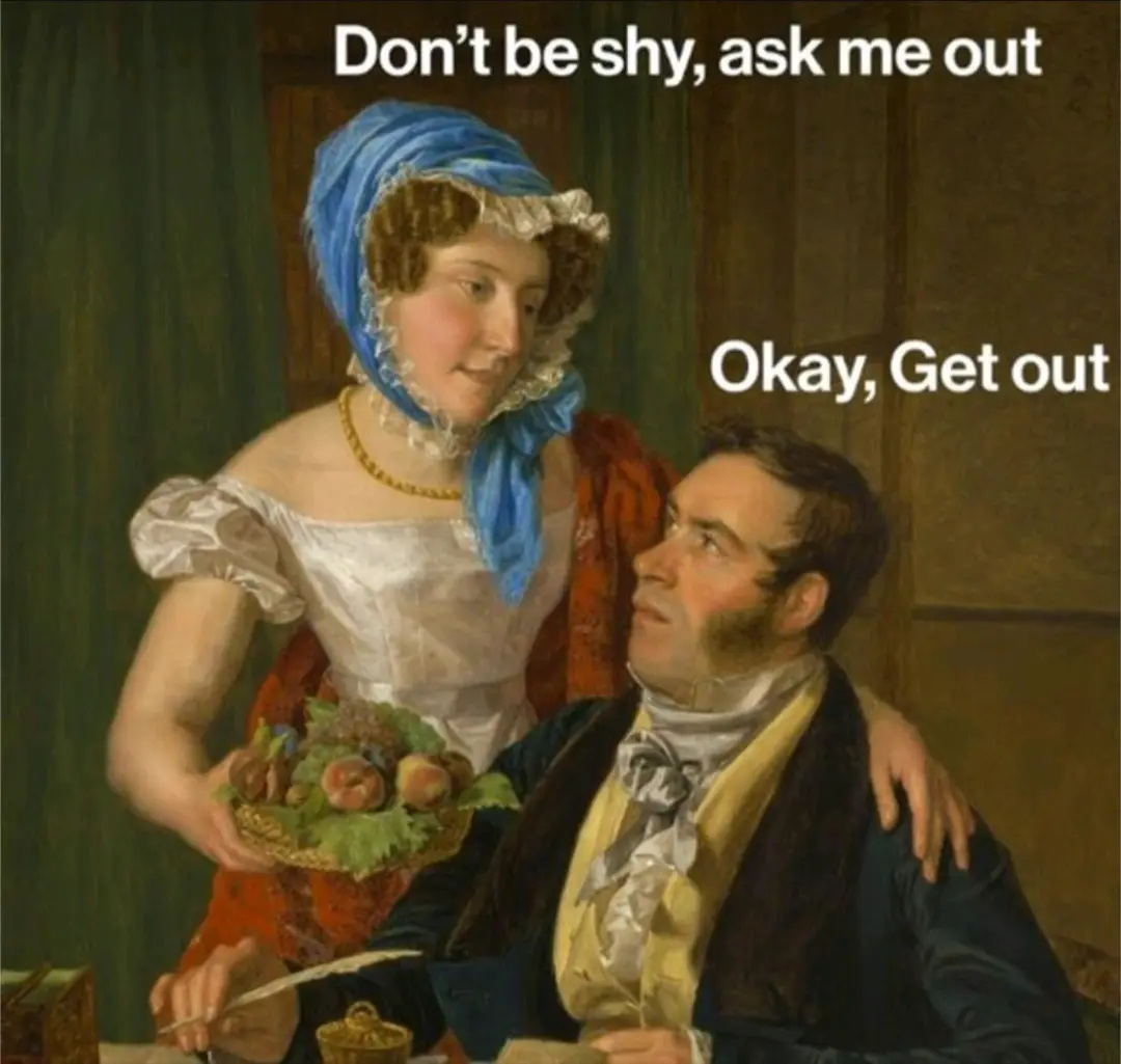 A classical painting depicts a woman in a blue headscarf and white dress leaning over a man in 19th-century attire, holding…
