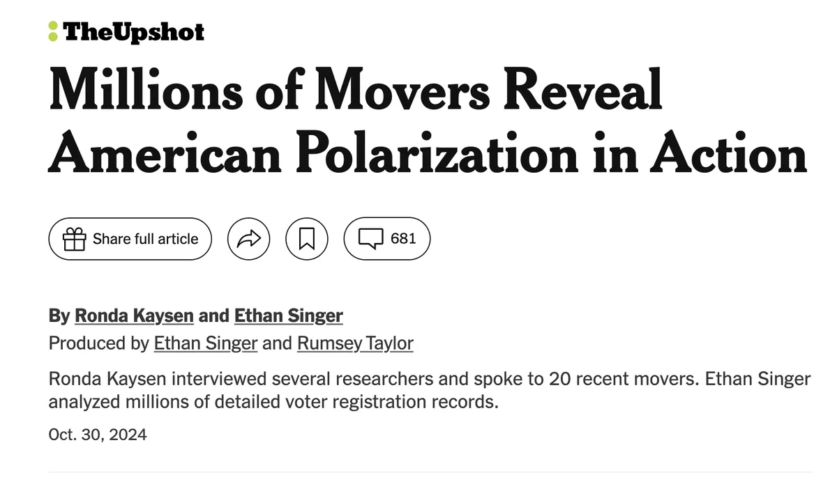 The image displays a screenshot of a news article from 'TheUpshot' with the headline 'Millions of Movers Reveal American…