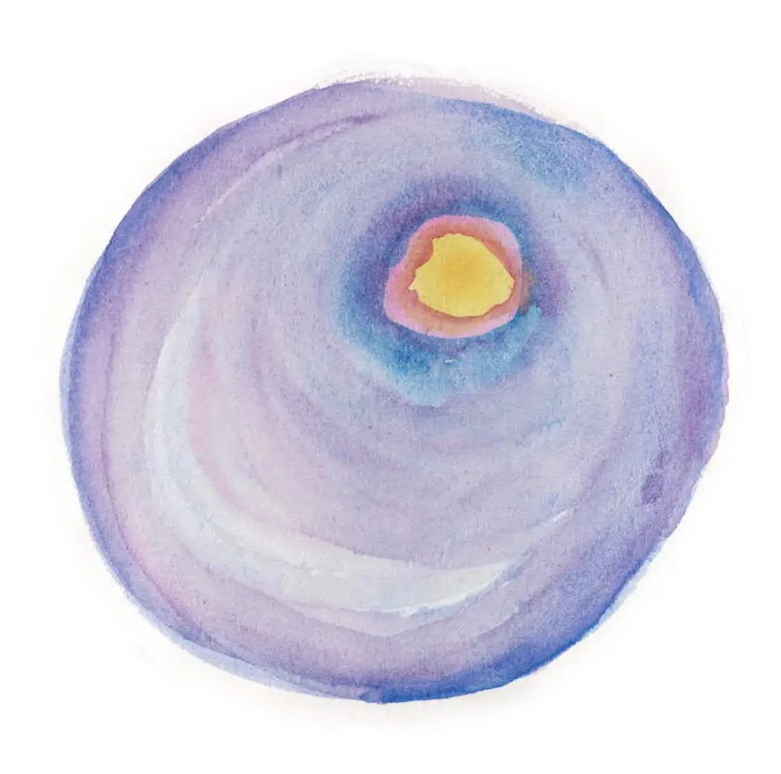 A watercolor painting of a circular, concentric pattern with a yellow center, surrounded by pink, blue, and purple rings on…