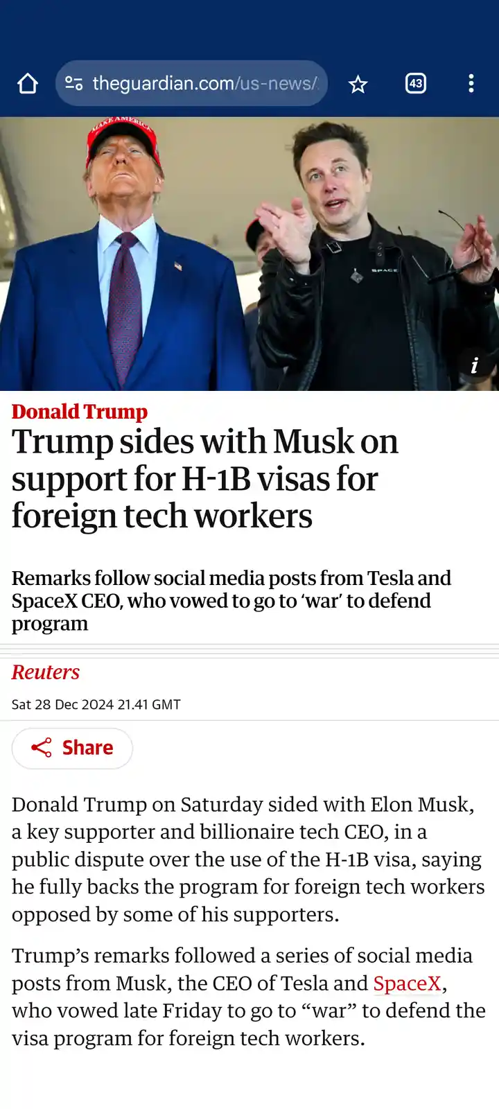 A screenshot of a Guardian news article shows Donald Trump and Elon Musk side-by-side, with Trump looking upward and Musk…