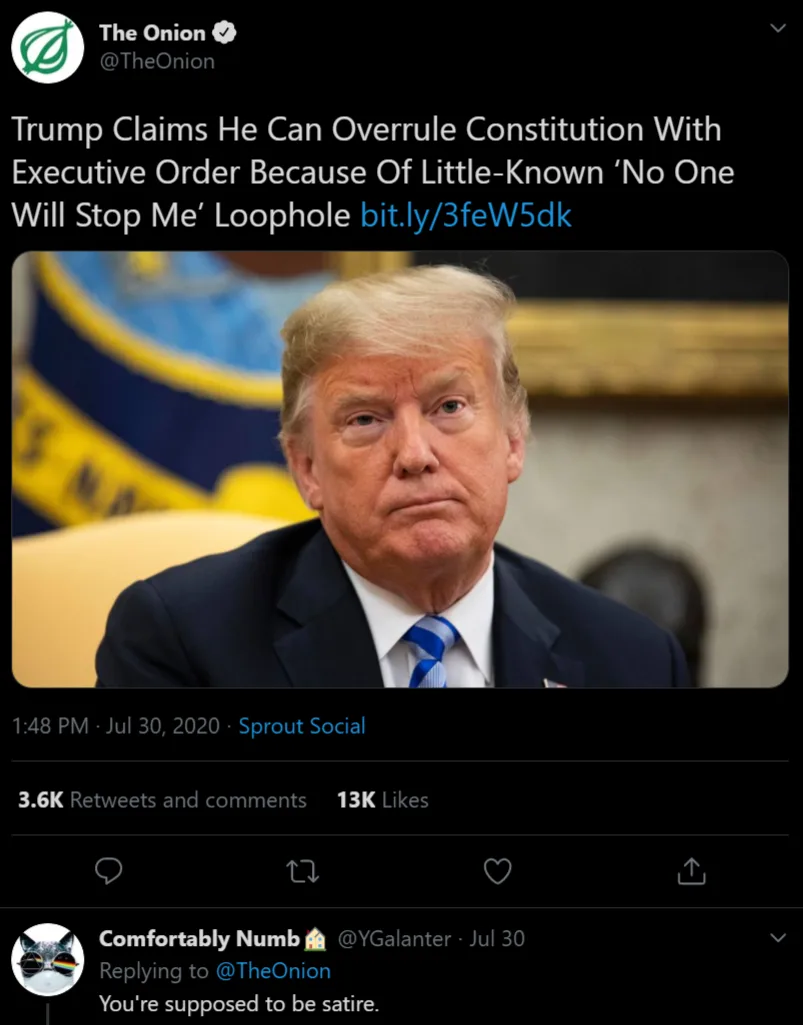 A screenshot of a tweet from The Onion featuring a photo of Donald Trump looking serious, with overlaid text claiming he can…