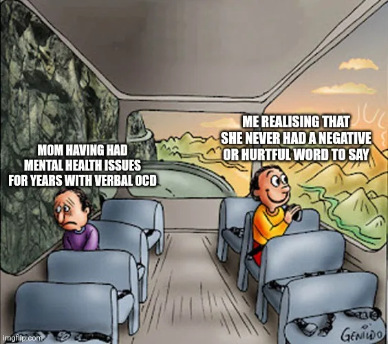 A cartoon depicts two people on a bus; the person on the left looks sad and tired, while the person on the right is smiling…
