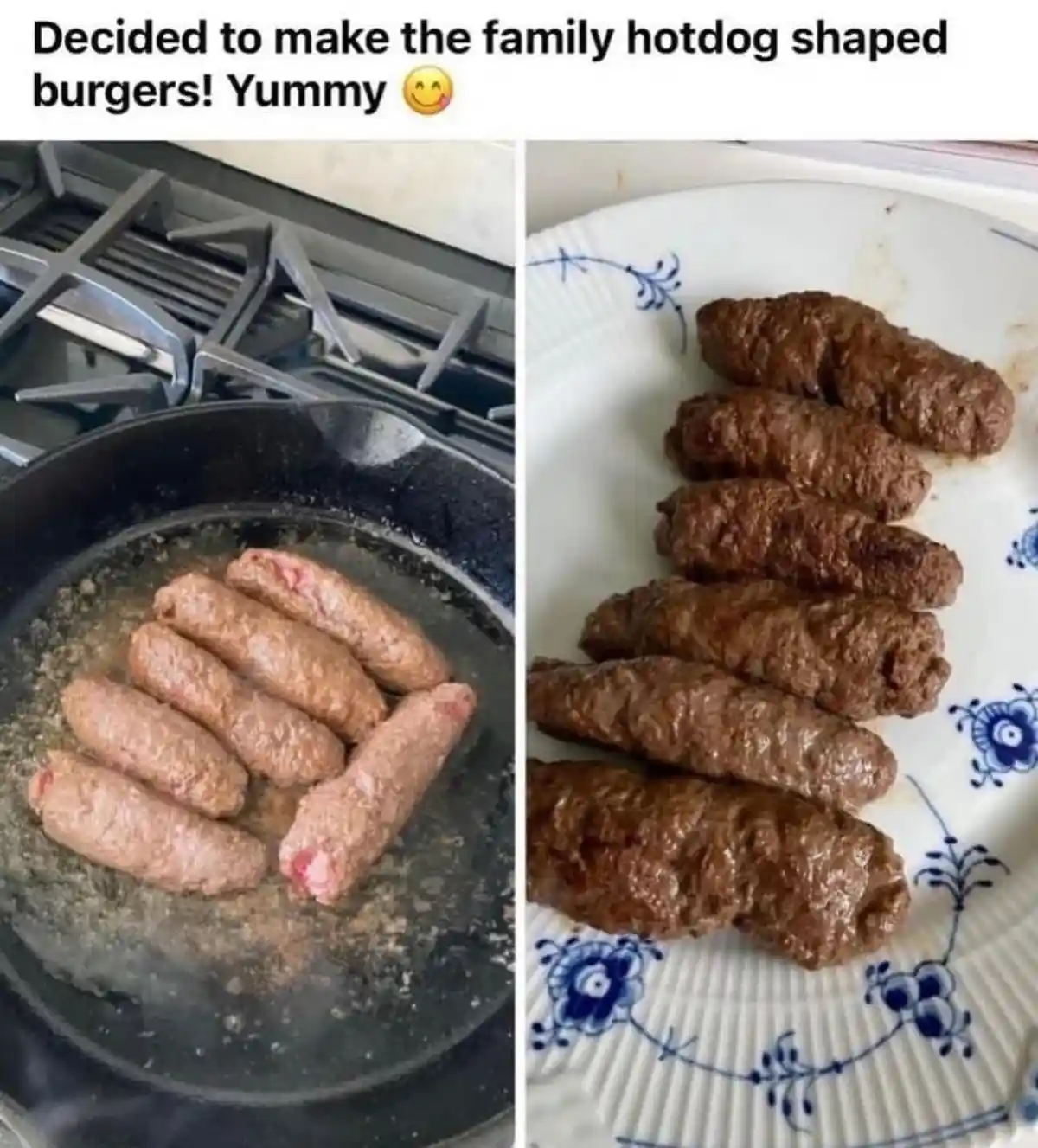 The image is a split-screen showing raw, sausage-shaped patties frying in a pan on the left, and the same patties cooked and…