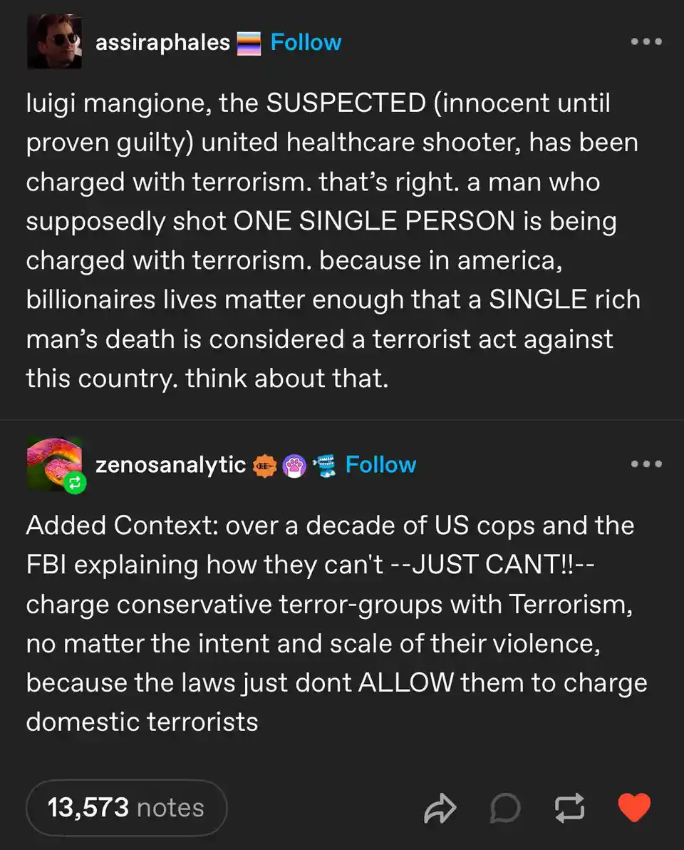The image displays two social media posts on a dark background. The first post by 'assiraphales' states that Luigi Mangione…
