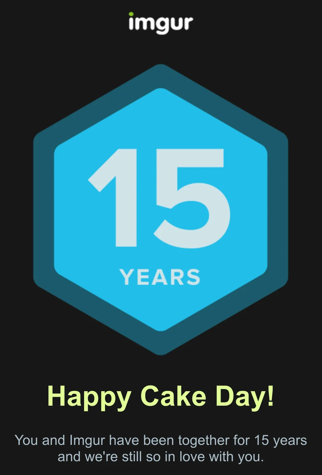 A black background features the Imgur logo at the top, a large blue hexagon with '15 YEARS' in white, and below it, the text…
