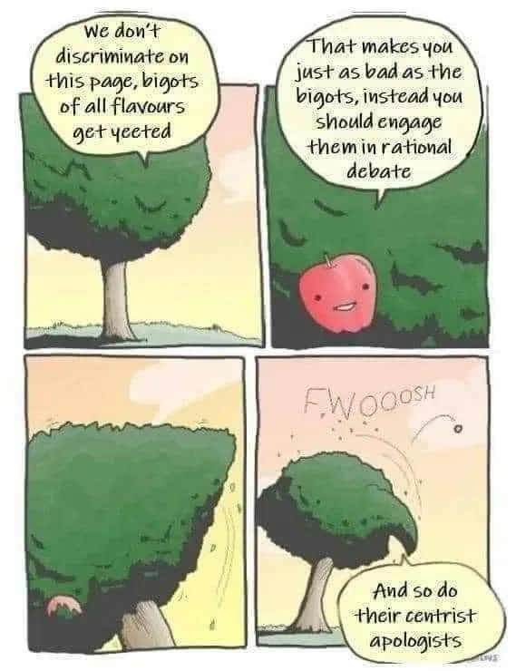 A four-panel comic strip featuring a tree and an apple. In the first panel, the tree declares it doesn't discriminate and…