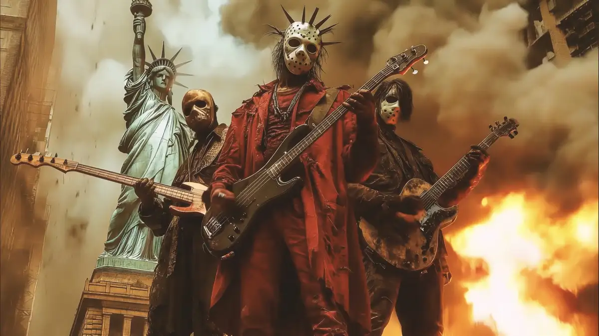 Three masked musicians, resembling Jason Voorhees from Friday the 13th, stand in front of a burning city with the Statue of…