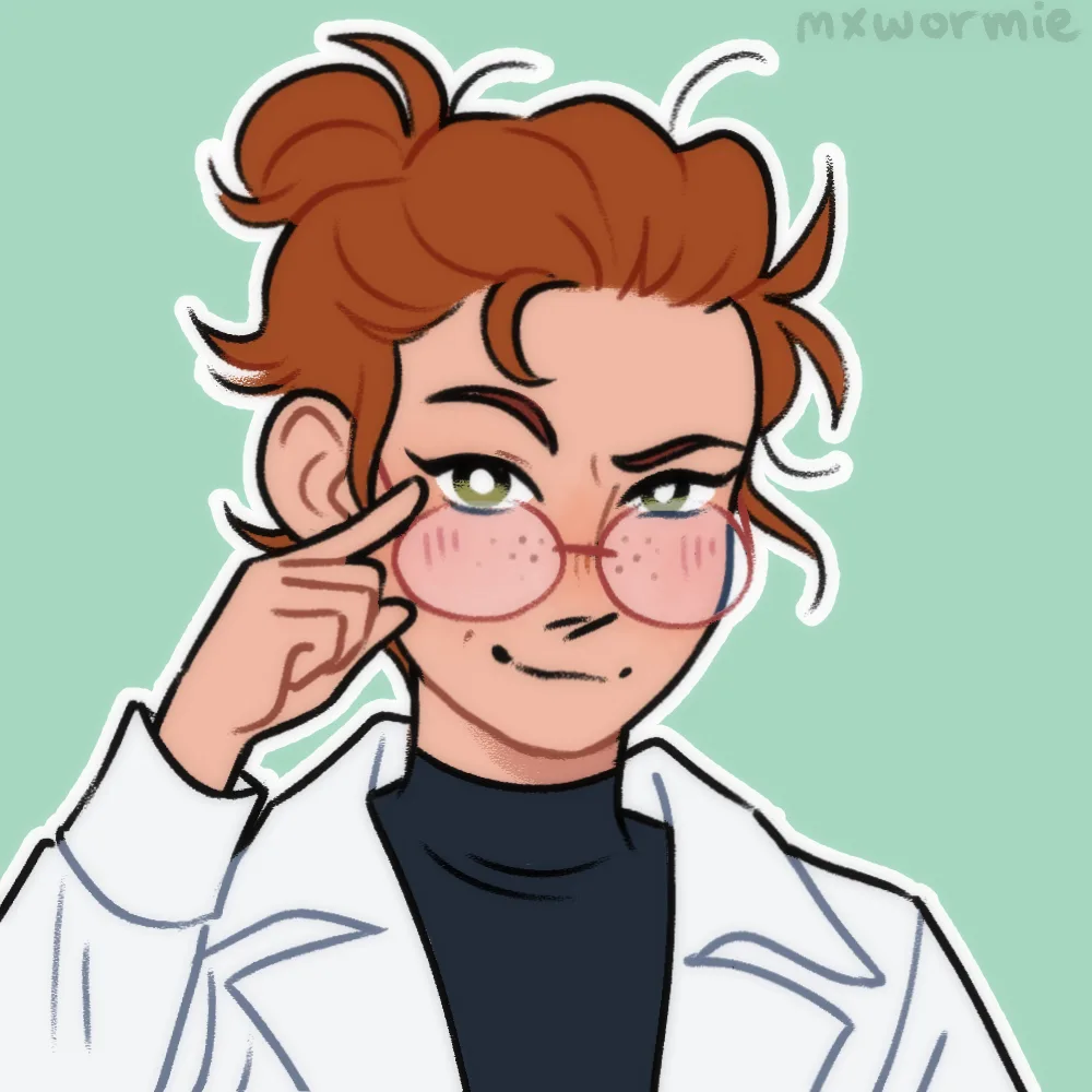 An illustrated person with brown hair in a messy bun, wearing pink-rimmed glasses and a white lab coat over a black…