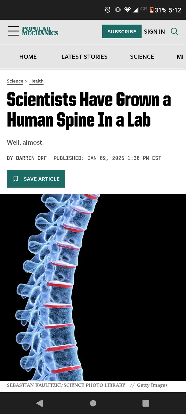 A screenshot of a Popular Mechanics article titled 'Scientists Have Grown a Human Spine In a Lab' with the subtext 'Well…