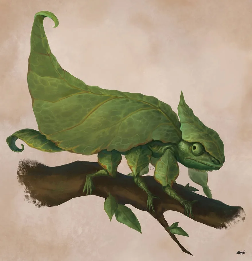 A digitally illustrated chameleon is camouflaged to look exactly like a large green leaf, perched on a brown branch. The…