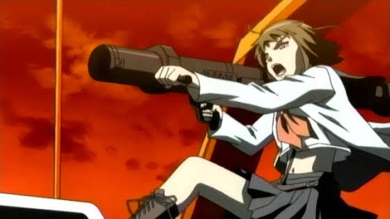 An anime girl with brown hair, wearing a white shirt and dark skirt, is aiming a large black rifle with both hands against a…