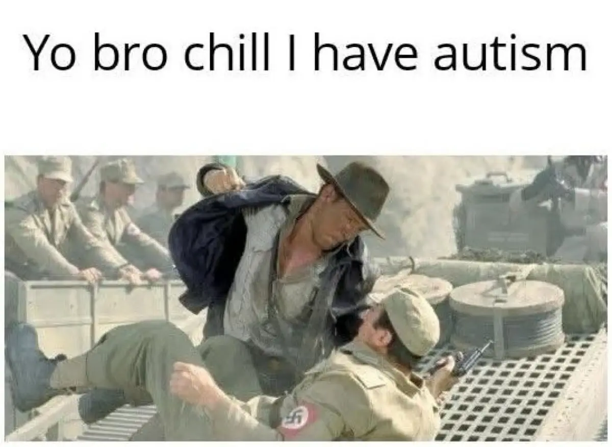 A man in a fedora and jacket is forcefully tackling another man in a military uniform who is lying down. The overlaid text…