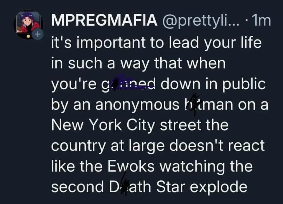 A screenshot of a tweet from user MPREGMAFIA, where the text 'ganned' and 'Death Star' are crossed out with black marker…