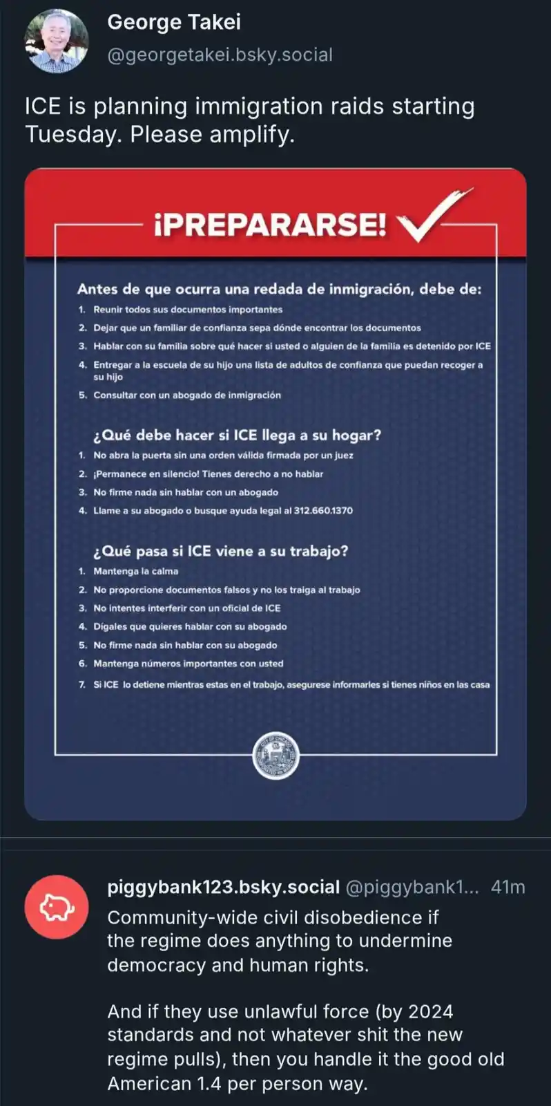 A screenshot of a social media post by George Takeki showing a Spanish-language ICE preparedness guide with a red header…