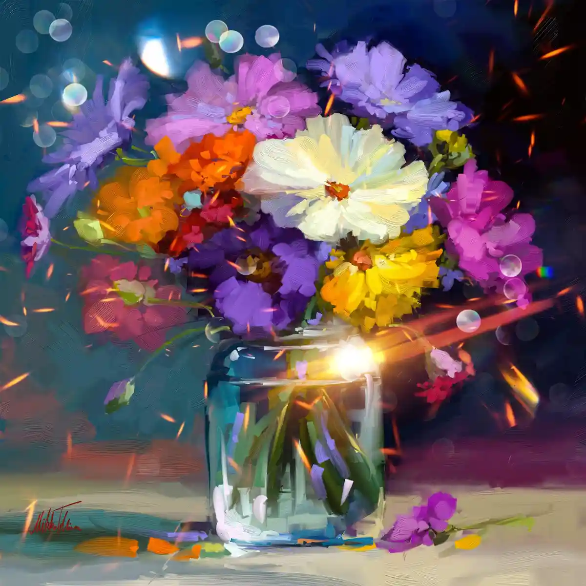 A vibrant, painterly digital artwork depicts a colorful bouquet of flowers in a glass jar, with bright orange and yellow…