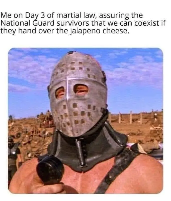 A person wearing a metal mesh helmet and leather collar, holding a black object, stands in a barren, war-torn landscape…