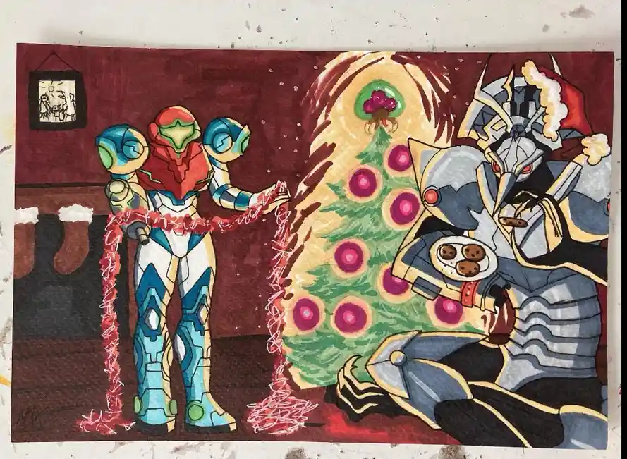 A hand-drawn illustration shows Samus Aran from Metroid, in her iconic red and blue power suit, decorating a Christmas tree…