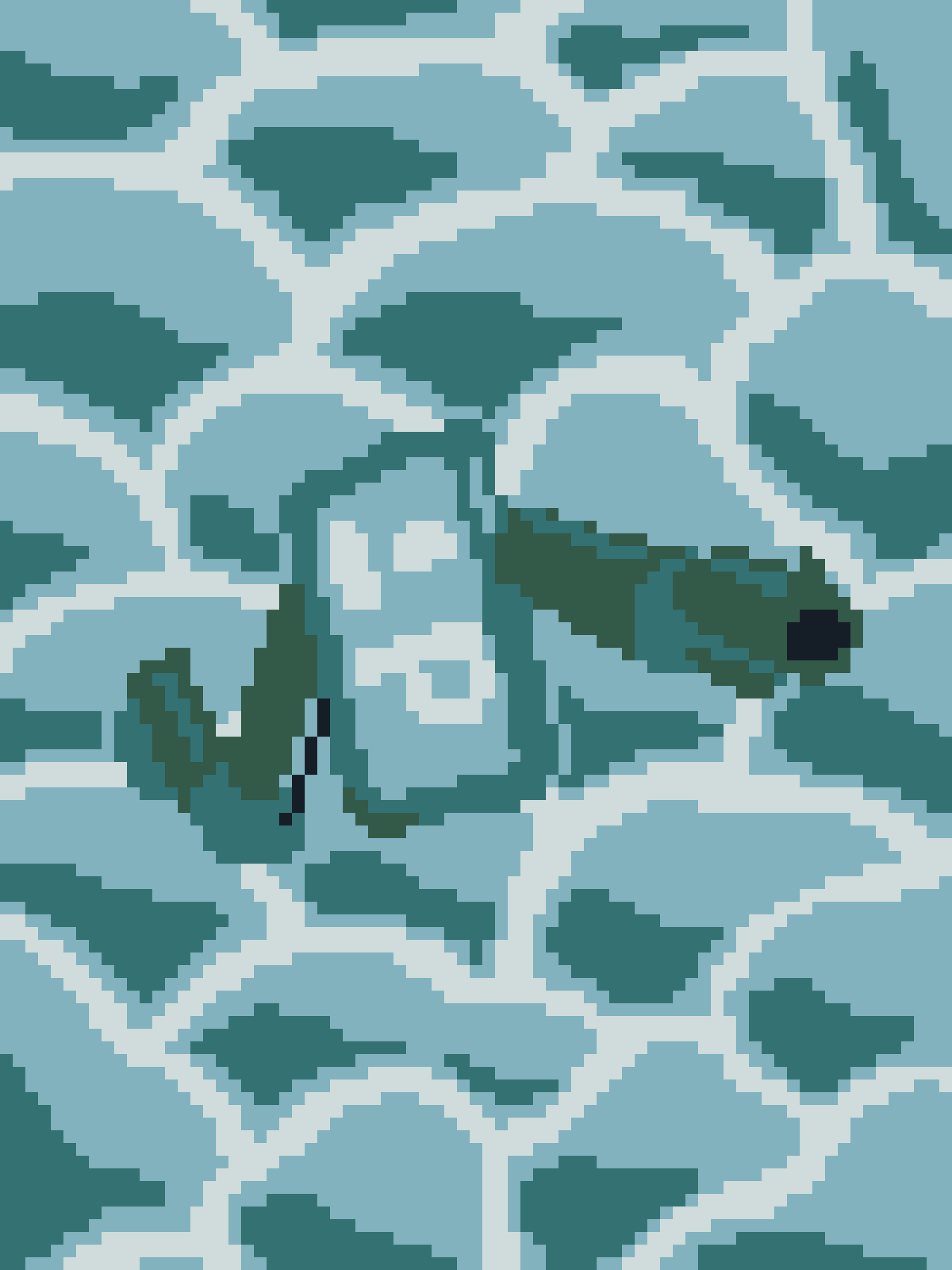A low-resolution, pixelated image of a crying face with dark green eyes and a tear falling from the right eye, set against a…