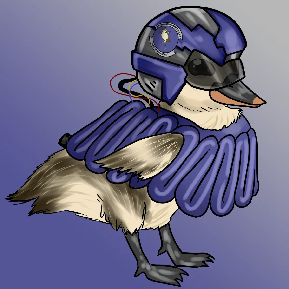A cartoon bird, resembling a kookaburra, is dressed in a blue and silver futuristic helmet with a circular patch that reads…
