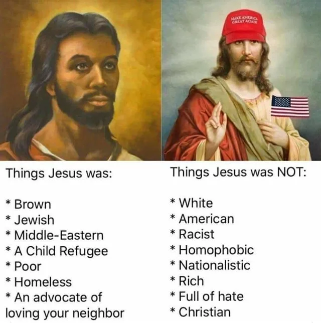 The image is a split-screen meme. Left side shows a classical painting of Jesus with dark skin and long hair. Right side…