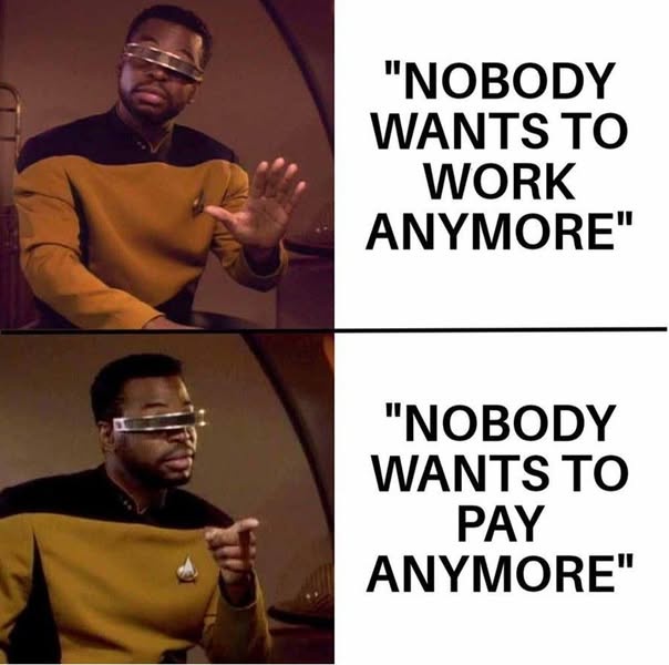 A two-panel meme featuring actor LeVar Burton as Geordi La Forge from Star Trek: The Next Generation. In the top panel, he…