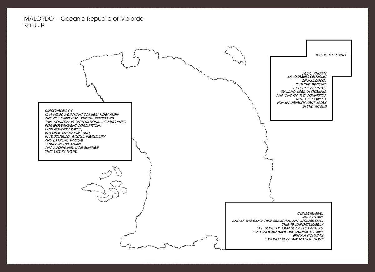 A black-and-white map of a fictional country called 'Malordo' with four text boxes. The top-left box says 'MALORDO – Oceanic…