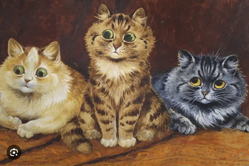 A classical painting depicts three fluffy cats sitting side by side on a wooden surface against a dark brown background. The…
