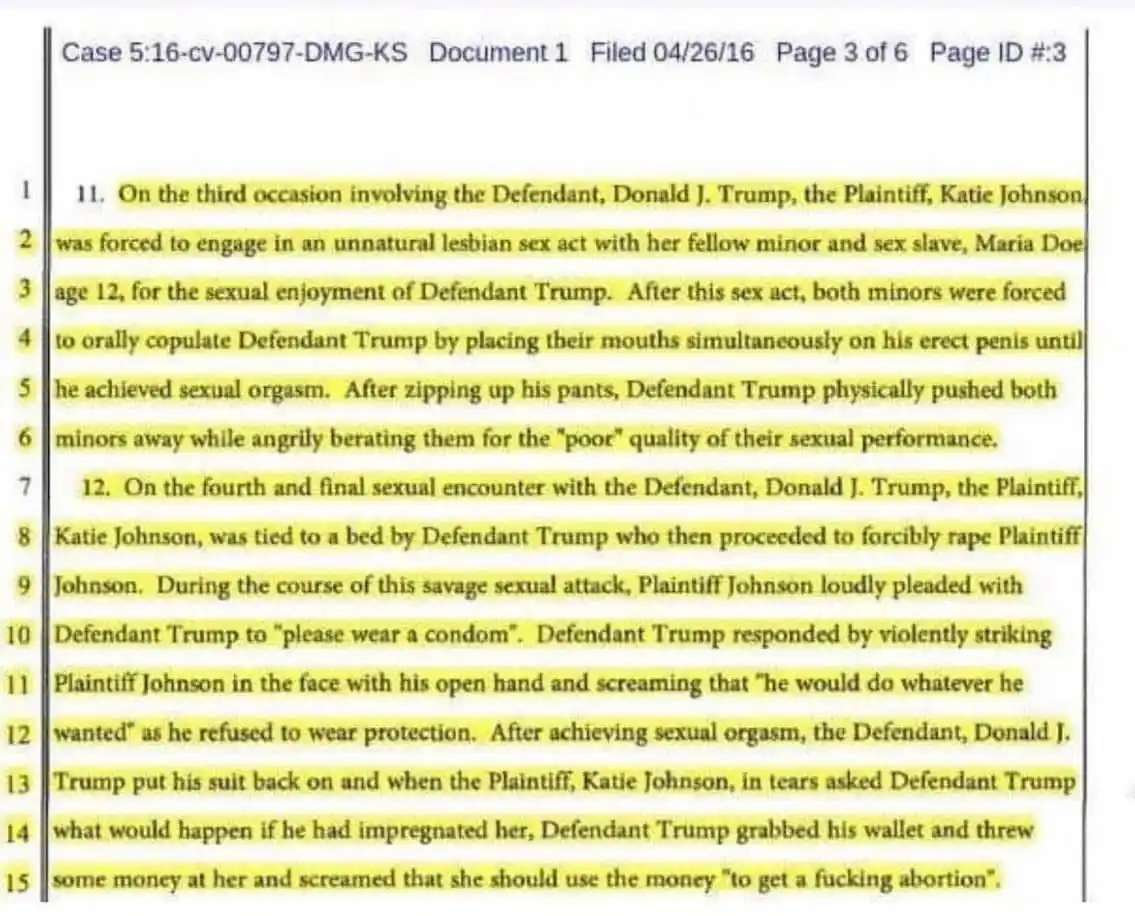 A legal document page with highlighted text alleging severe sexual abuse by Donald J. Trump against minors, including forced…
