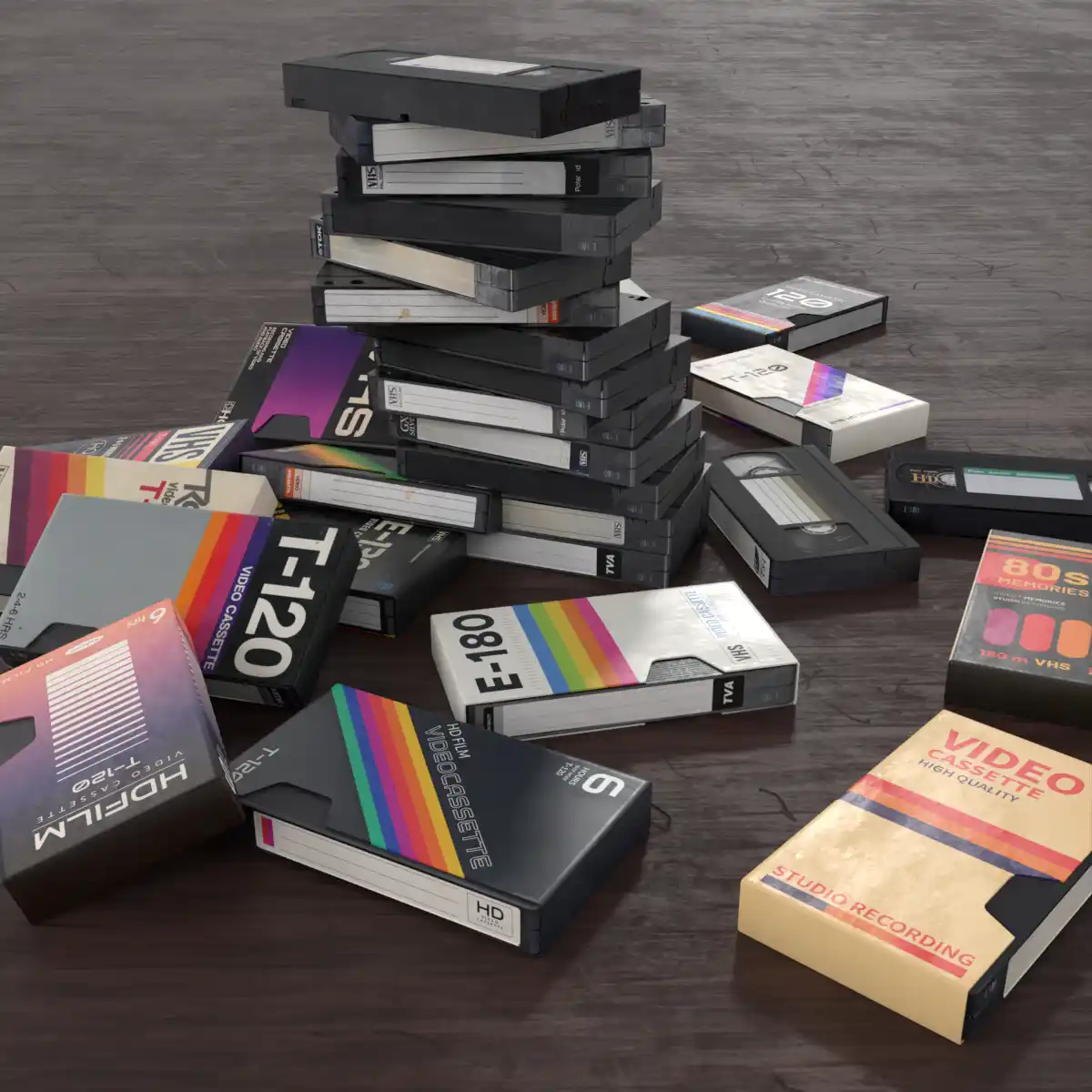 A large pile of vintage VHS video cassettes and their boxes are scattered across a dark wooden floor, with some stacked high…