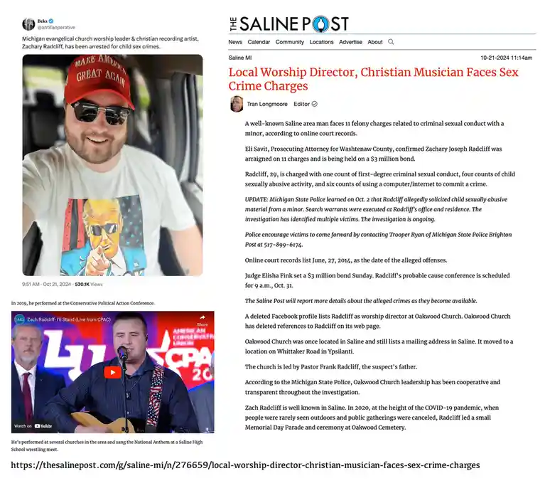 The image displays a collage of news content about Zachary Radcliff, a Christian musician and worship leader. On the left, a…