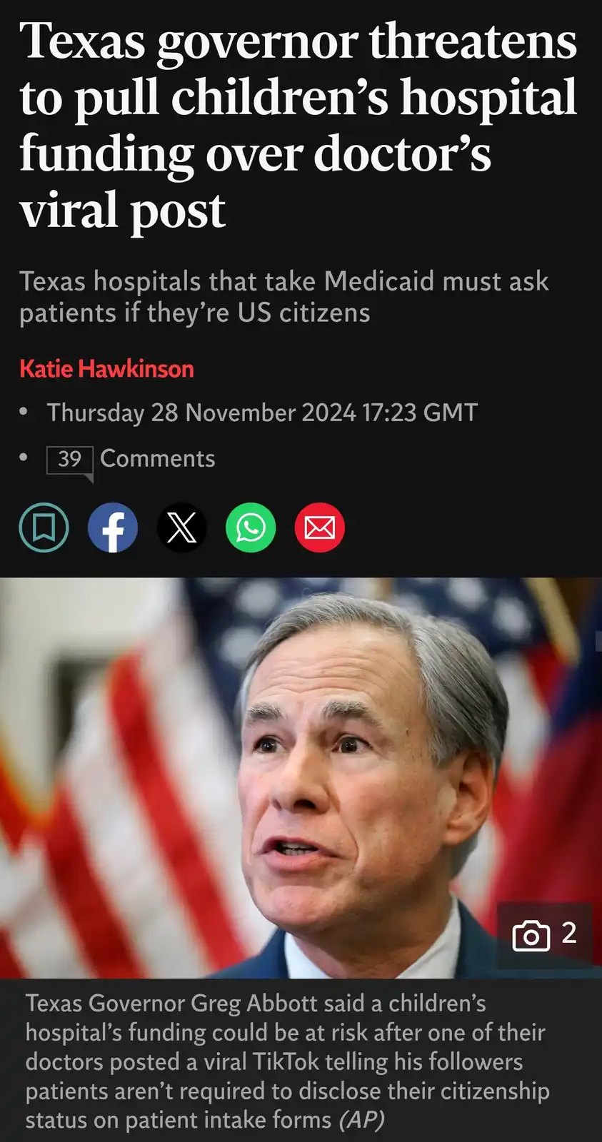 The image displays a news article headline about Texas Governor Greg Abbott threatening to cut funding for a children's…