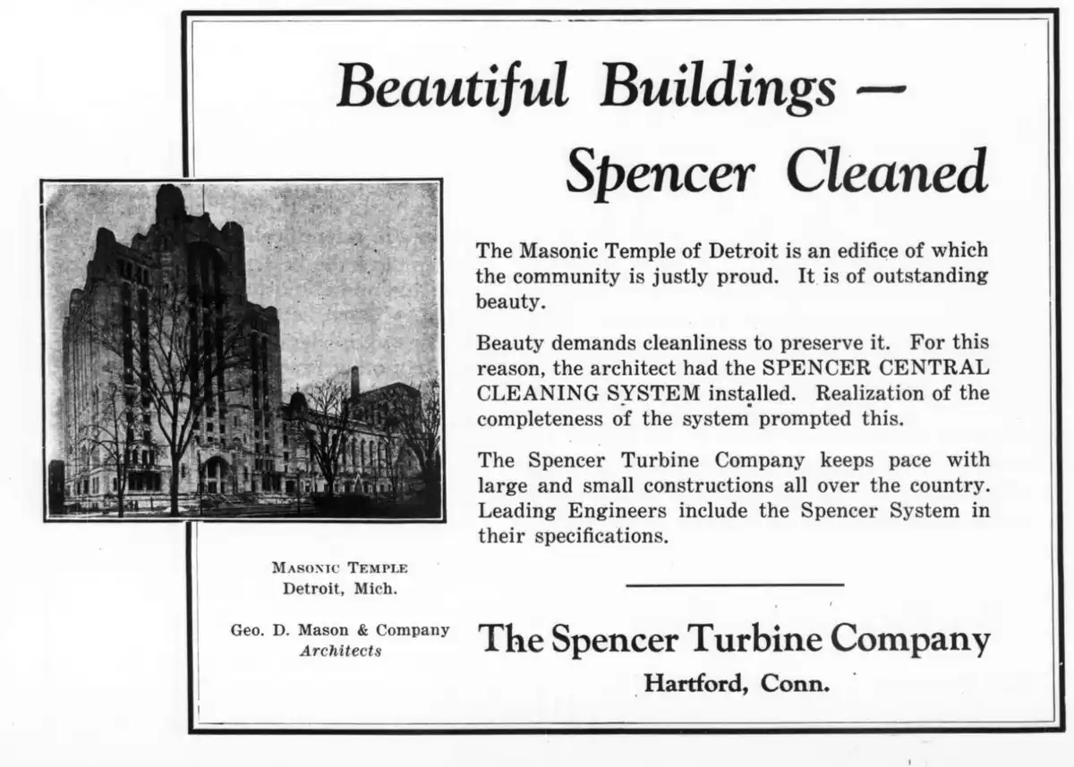 This is a vintage black-and-white advertisement for The Spencer Turbine Company, promoting their 'Spencer Central Cleaning…