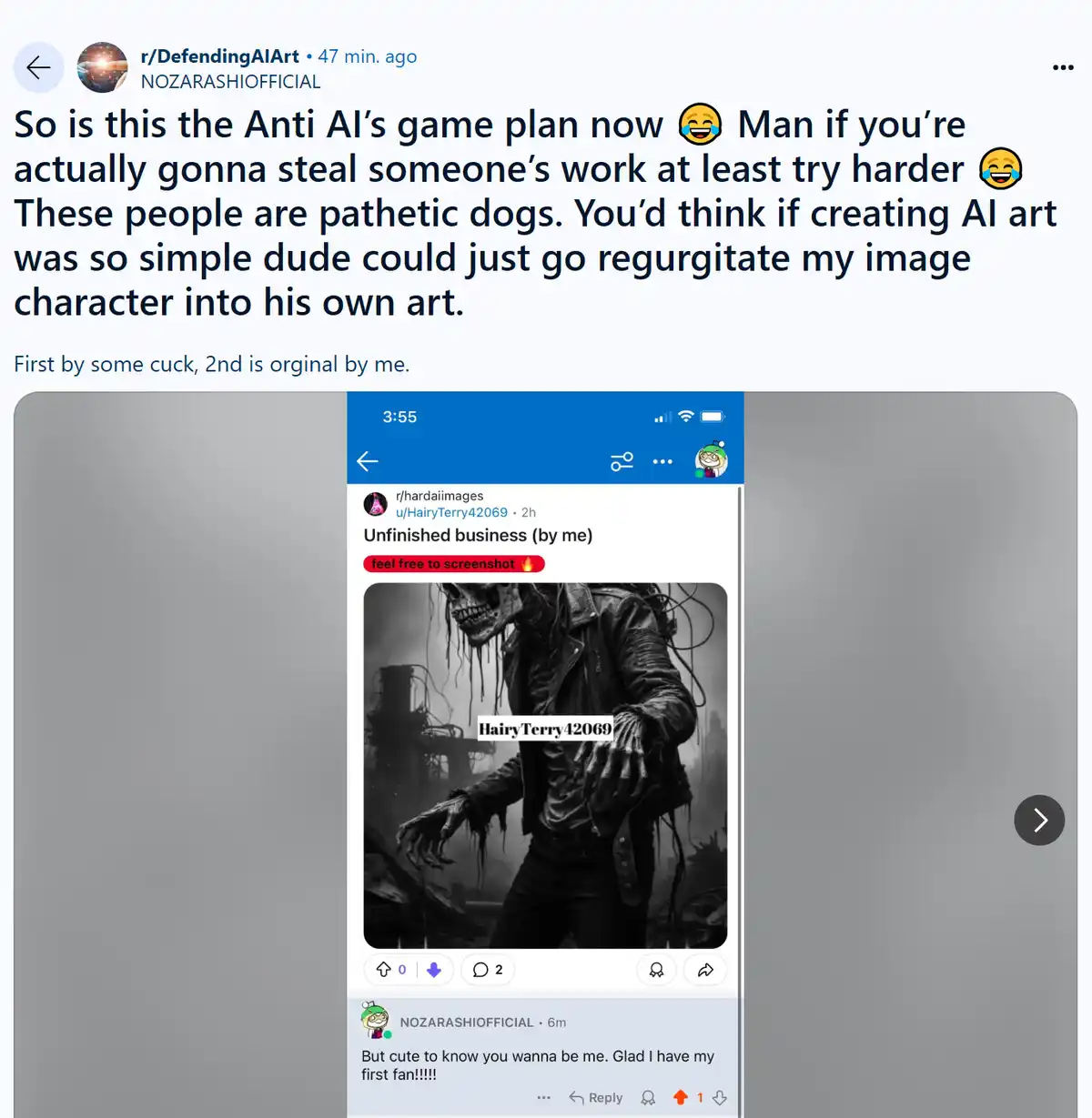 A Reddit post screenshot shows a user accusing another of stealing their AI-generated artwork. The stolen image is a…