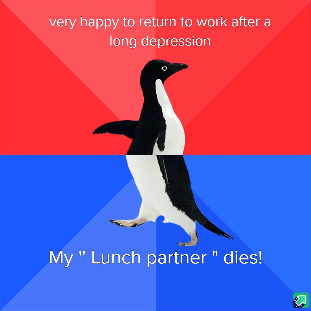 A penguin stands against a red and blue background, split horizontally. The top half reads 'very happy to return to work…